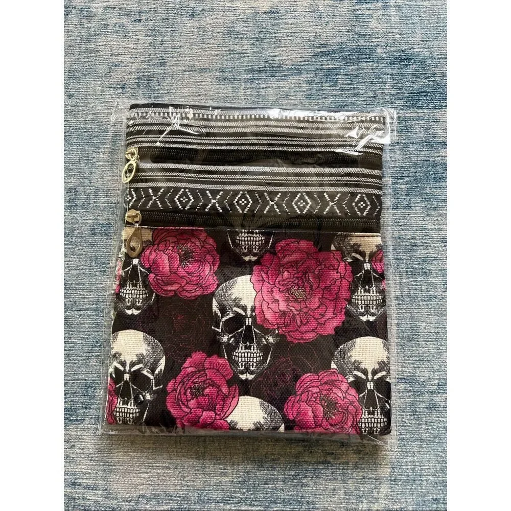 Black Pink Peony Flower Skull Cotton Canvas Two Pocket Crossbody Shoulder Pouch